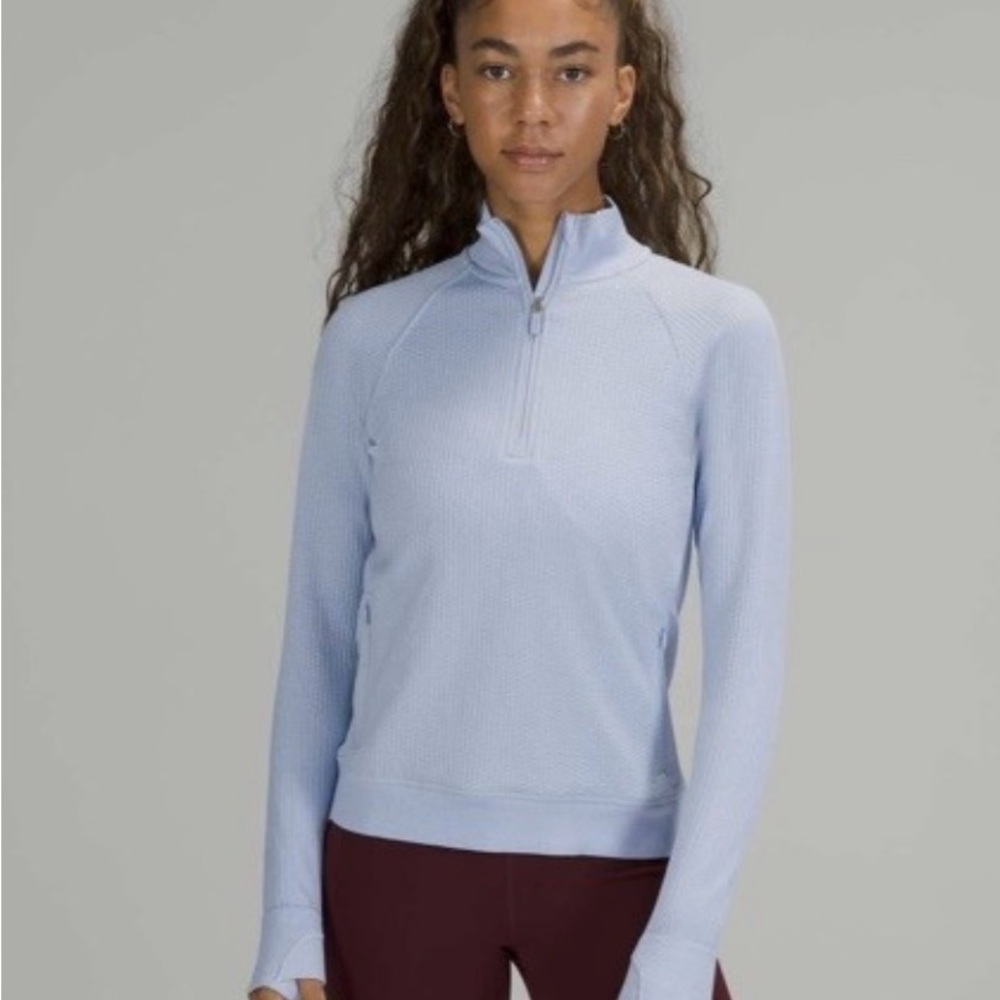 Lululemon Womens Engineered Warmth Jacket 1/2 Zip Blue Linen Merino Wool Size 4